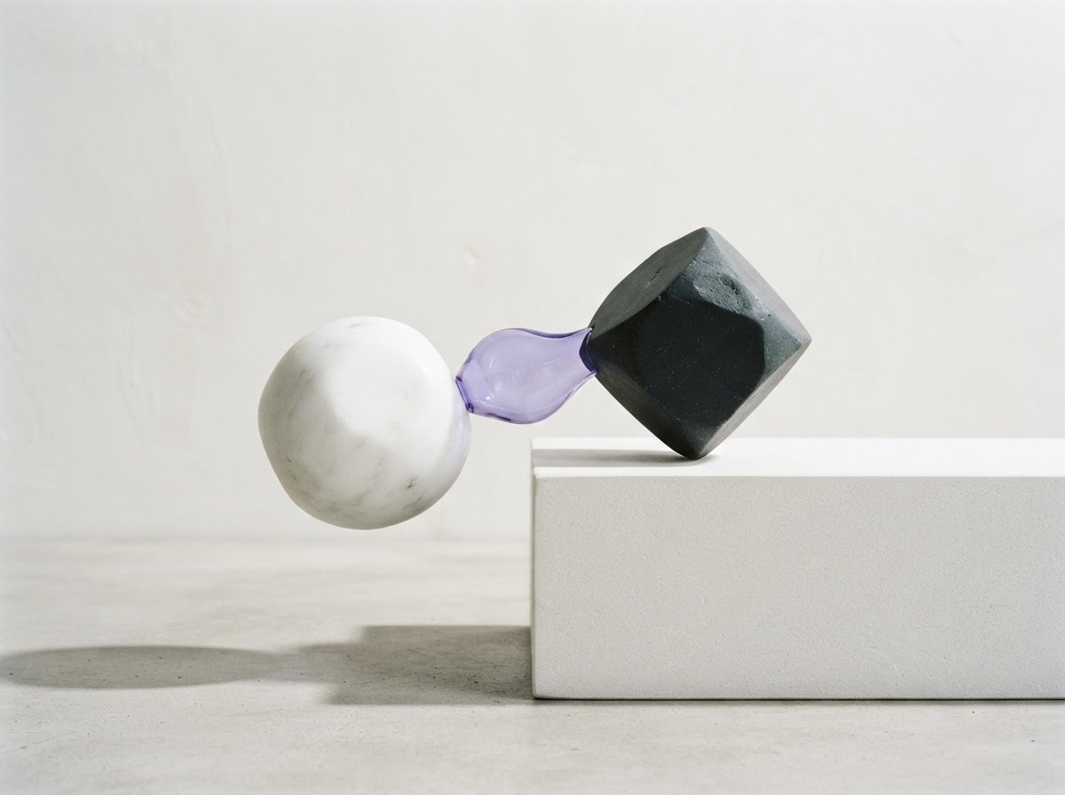 Marble sphere connected to a dark stone form by a translucent glass link