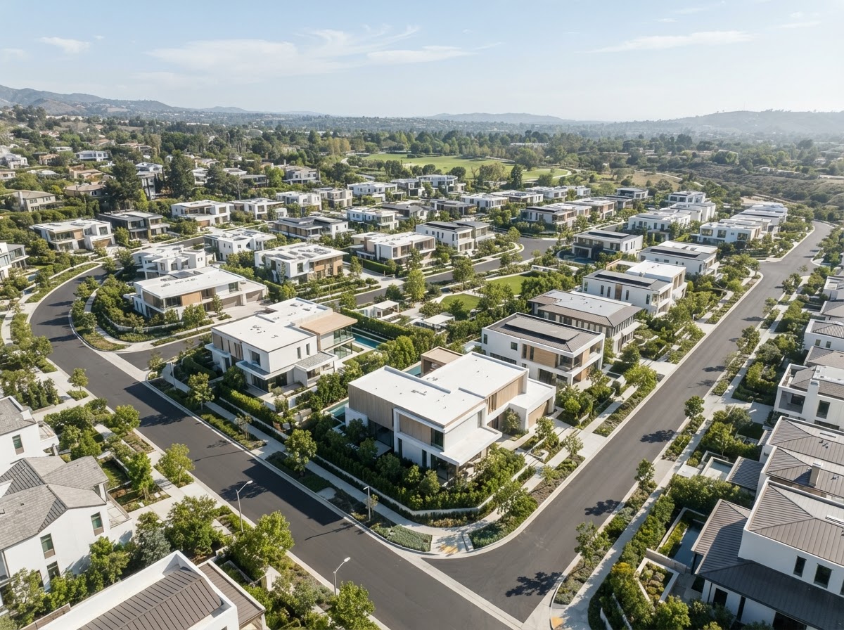 Aerial view of a modern suburban neighborhood