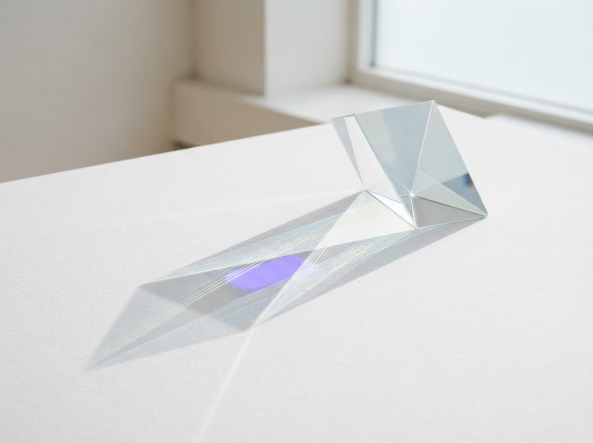 Glass prism refracting light, studio still life